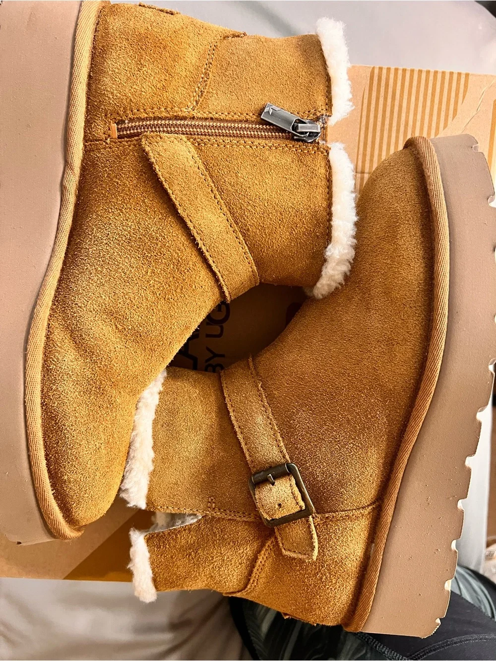 Koolaburra Chestnut Suede Shearling-Trim Ankle Boots